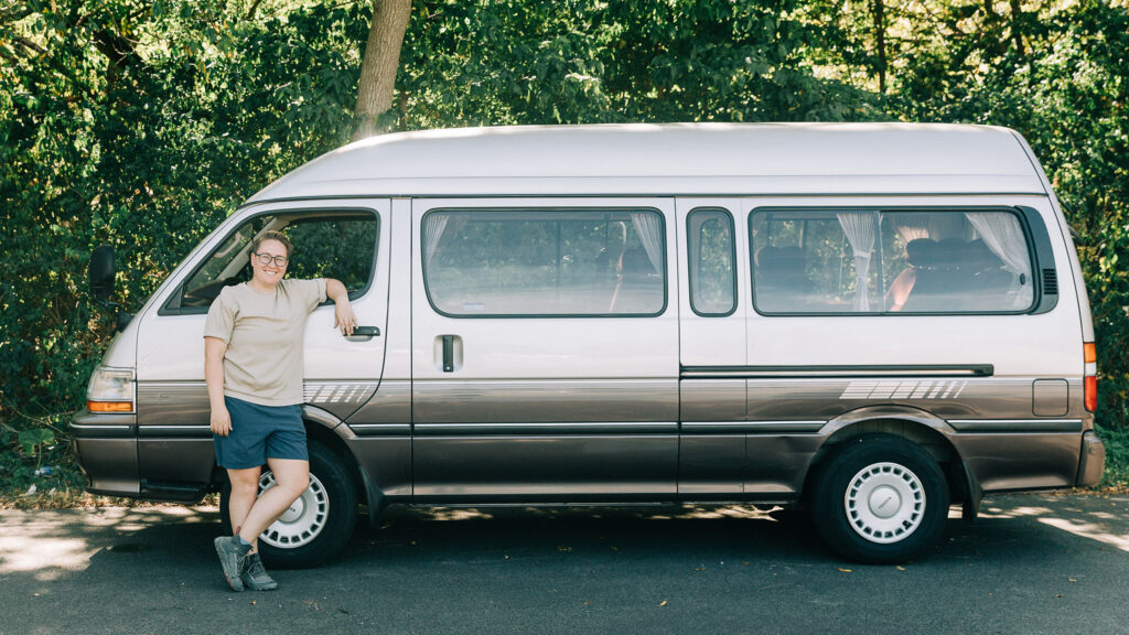 Erica with her van, Urb, which she uses for her Trail to Taproom trips.